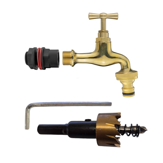 ½" Water Butt Set with Polish Brass Tap, Snap-On Hose Connector & Drill Bit