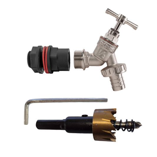 ½" Water Butt Set with Nickel-Plated Hose Barb Tap & Drill Bit