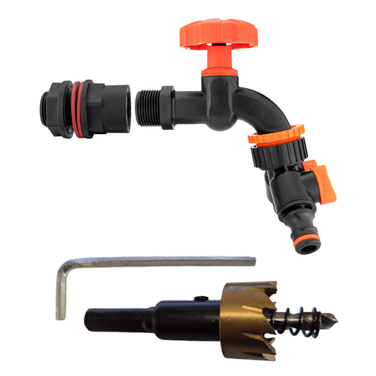 ½" Water Butt Set with Black Dial Tap, Dual Outlet Splitter & Drill Bit