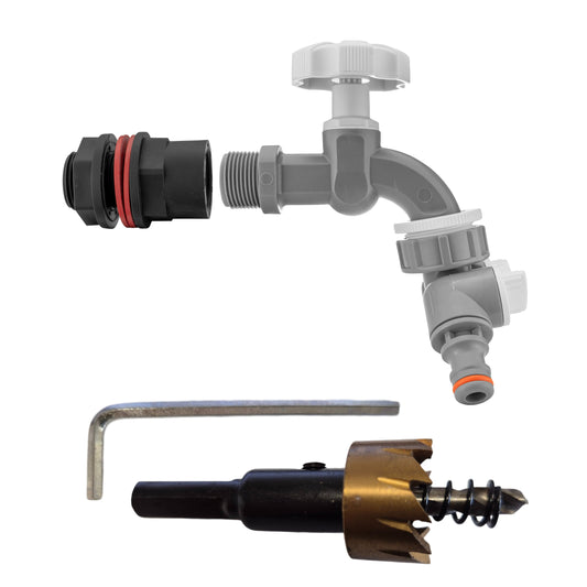 ½" Water Butt Sett with Grey Dial Tap, Dual Hose Splitter & Drill Bit