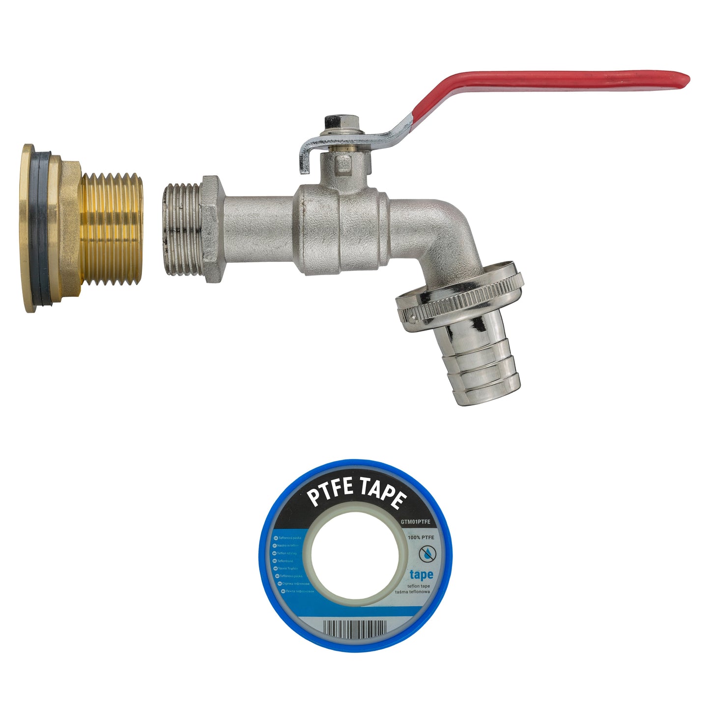 1" Brass Water Butt Fitting Set with Hose Barb Lever Tap & Hole Saw