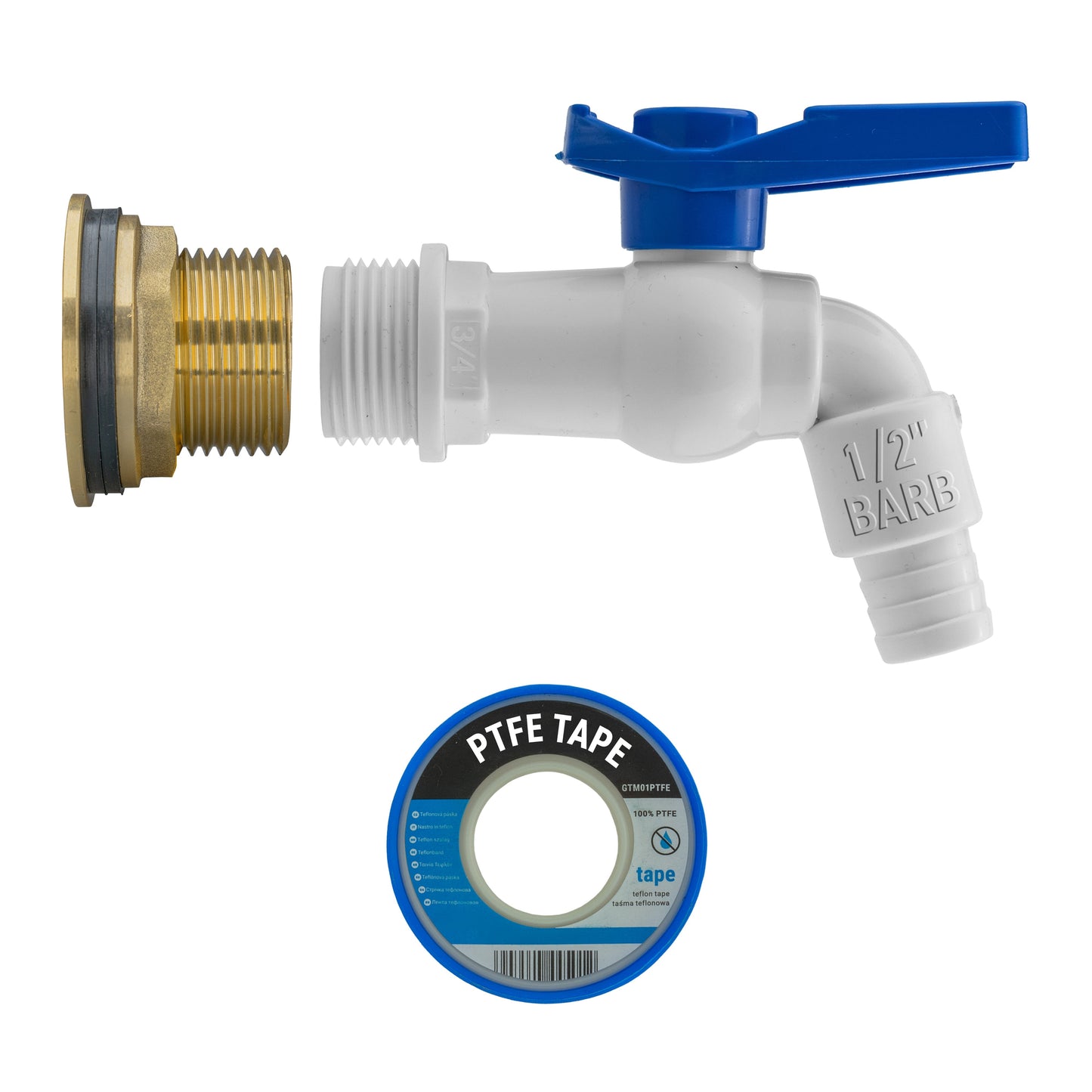 1" Water Butt Brass Fitting Set with White Plastic Tap & Drill Bit