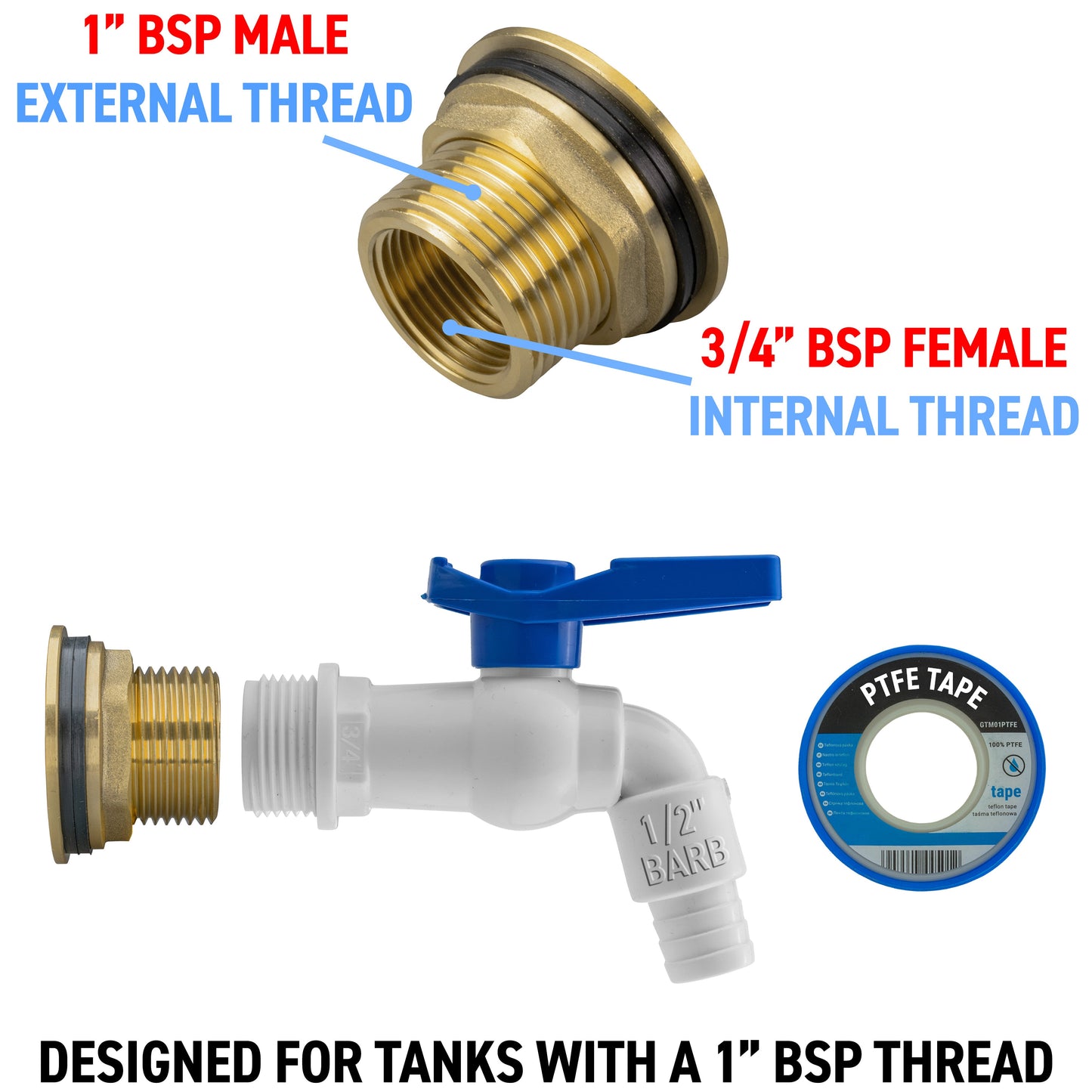 1" Water Butt Brass Fitting Set with White Plastic Tap & Drill Bit