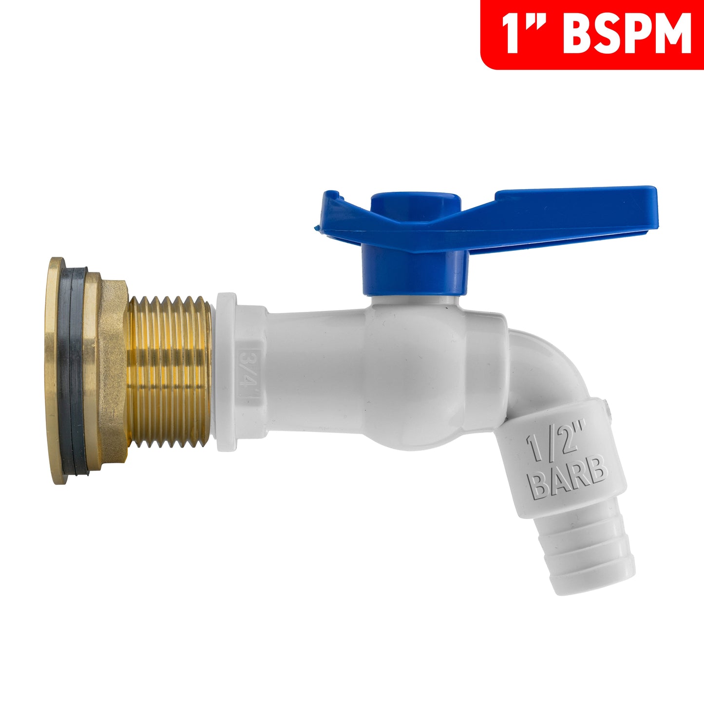 1" Water Butt Brass Fitting Set with White Plastic Tap & Drill Bit