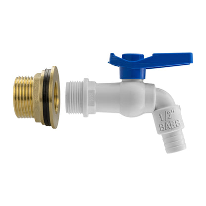 1" Water Butt Brass Fitting Set with White Plastic Tap & Drill Bit