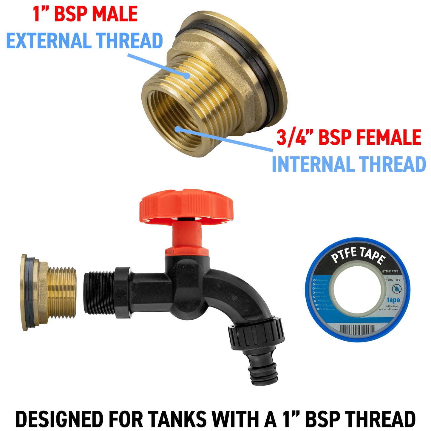 1’’ Water Butt Brass Set with Black Garden Tap & Hole Saw Cutter
