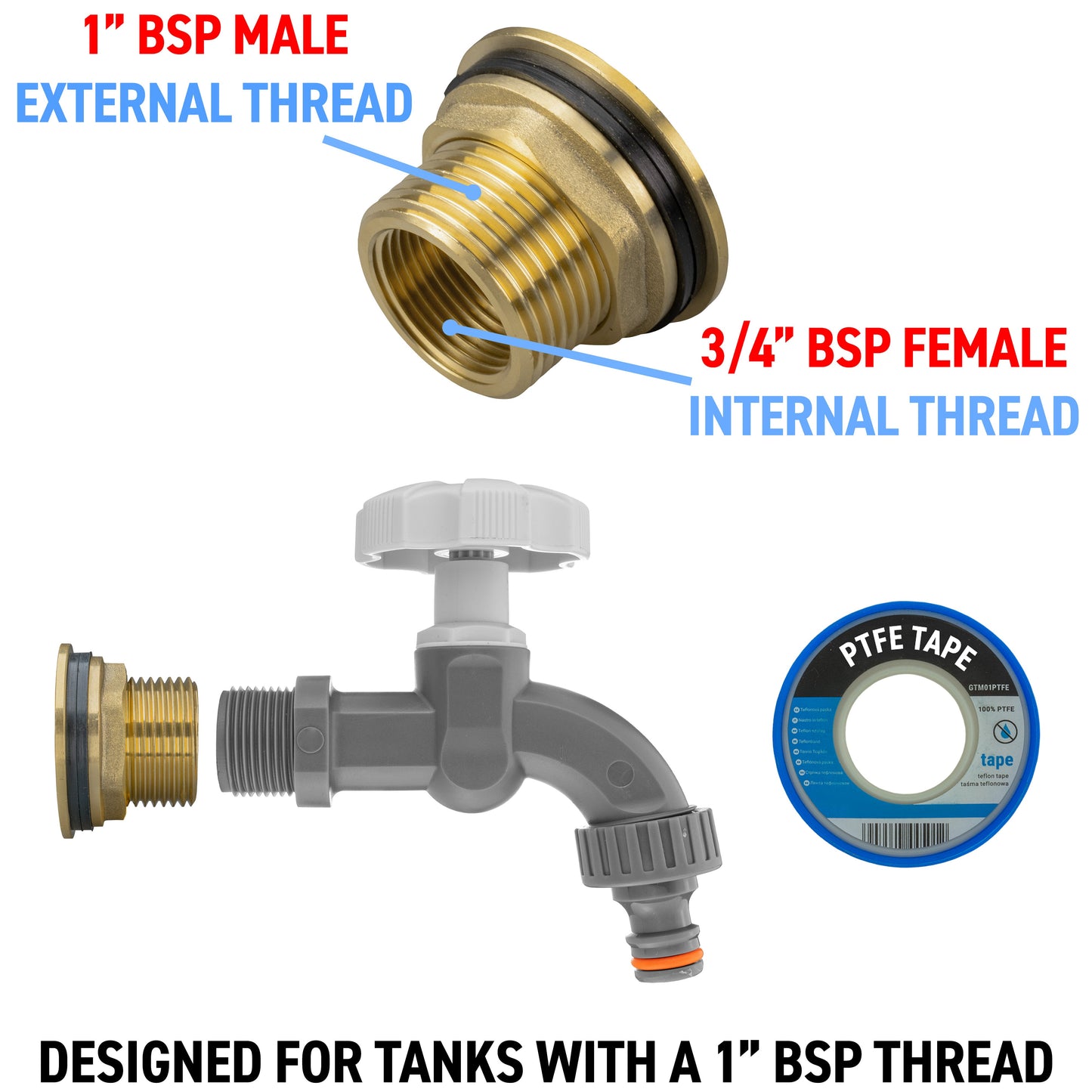1’’ Water Butt Brass Set with Grey Garden Tap & Hole Saw Cutter