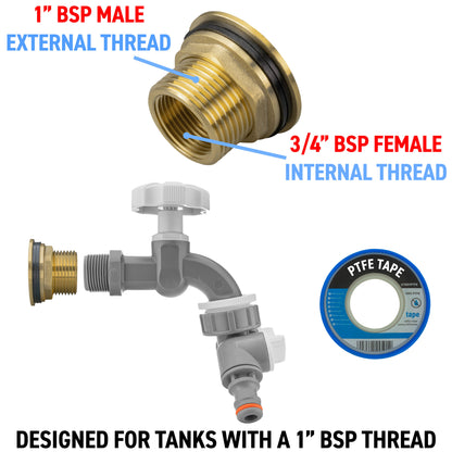1’’ Water Butt Brass Set with Grey Dial Tap, Dual Outlet Splitter & Drill Bit