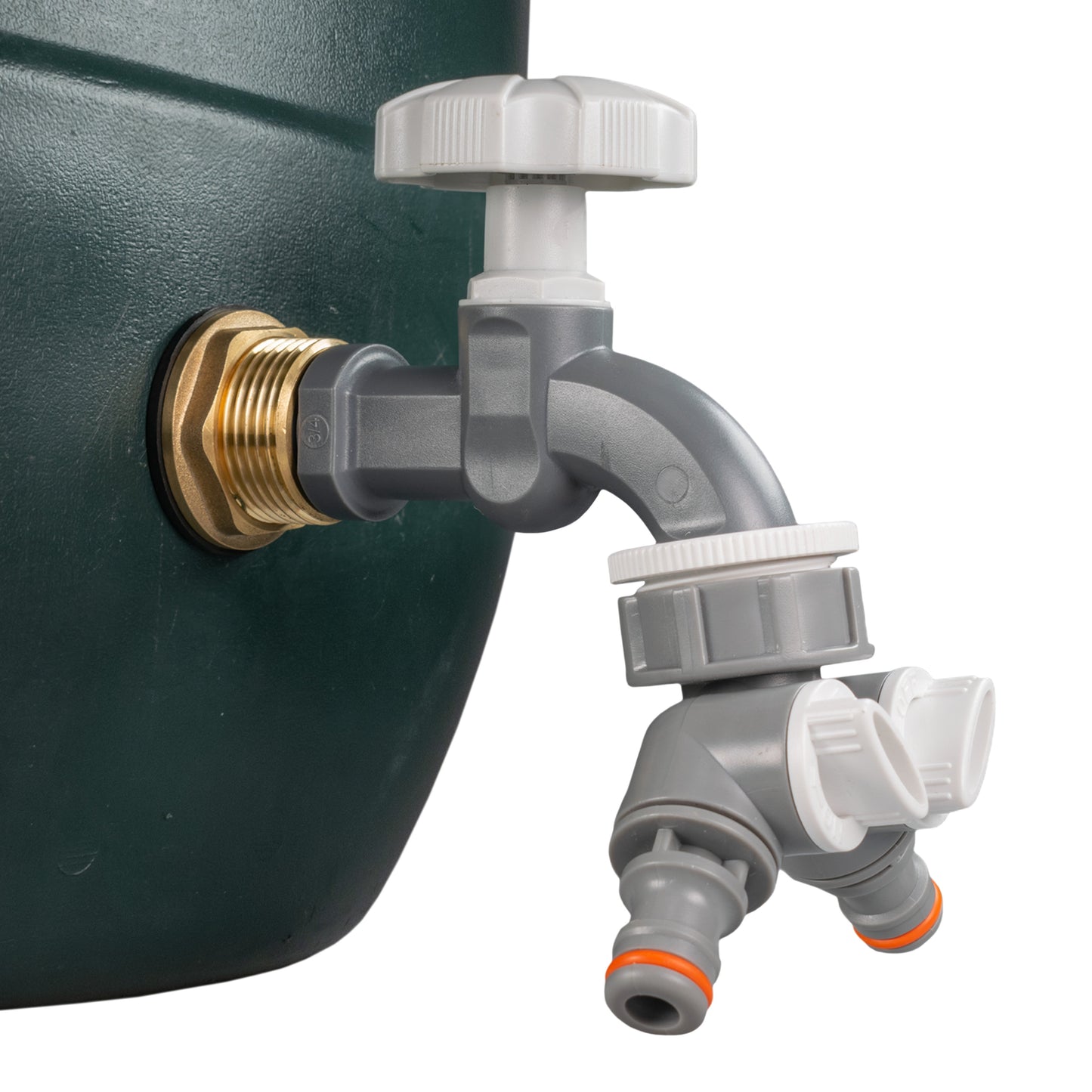 1’’ Water Butt Brass Set with Grey Dial Tap, Dual Outlet Splitter & Drill Bit