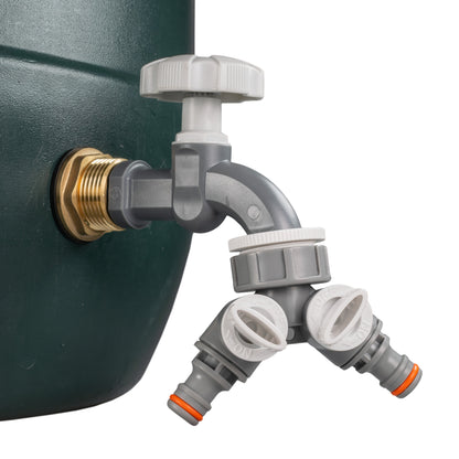 1’’ Water Butt Brass Set with Grey Dial Tap, Dual Outlet Splitter & Drill Bit