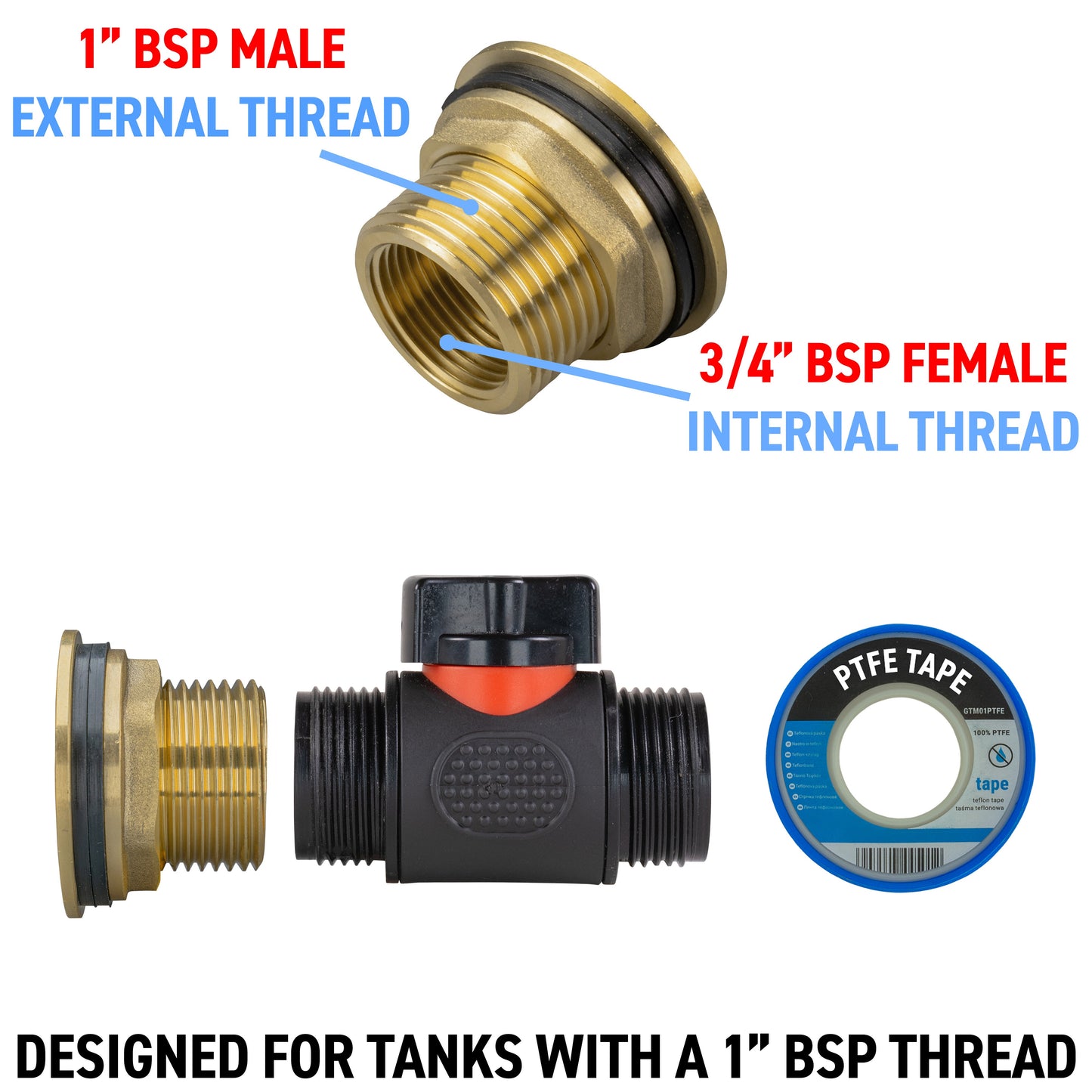 1’’ Brass Water Butt Fitting Set with 3/4" BSP In-Line Valve & Hole Saw Drill Bit