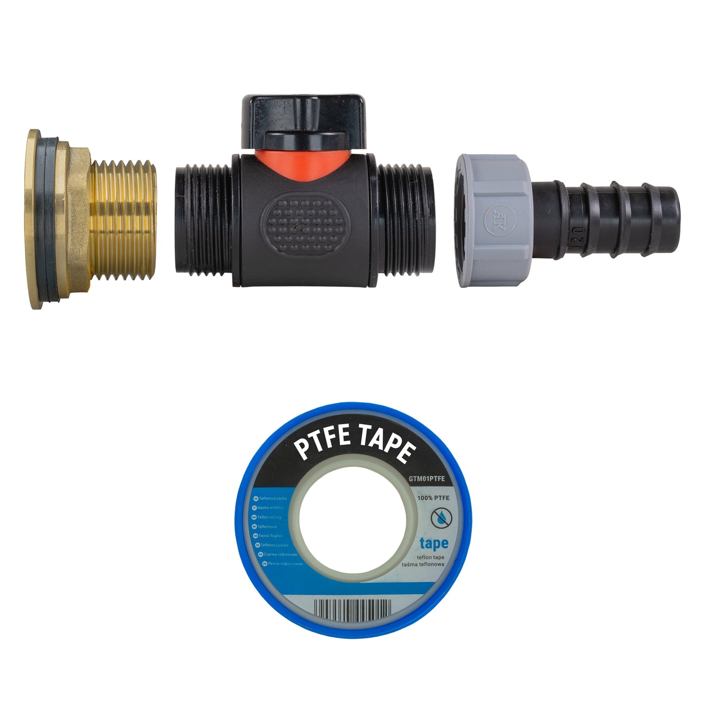 1" Brass Water Butt Set Including Inline Valve & 20mm Barb Connector