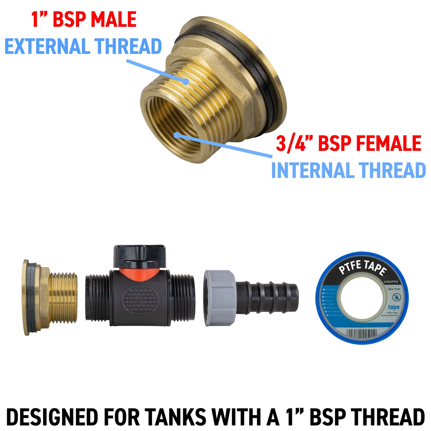 1" Brass Water Butt Set with In-Line Valve, 20mm Hose Barb & Drill Bit