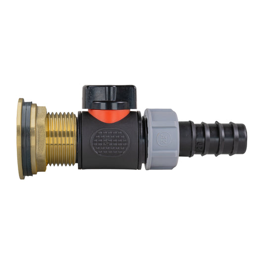 1" Brass Water Butt Set Including Inline Valve & 20mm Barb Connector