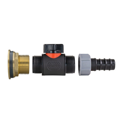 1" Brass Water Butt Set with In-Line Valve, 20mm Hose Barb & Drill Bit
