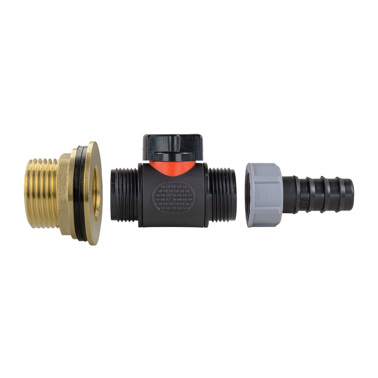 1" Brass Water Butt Set Including Inline Valve & 20mm Barb Connector