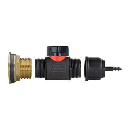 1" Brass Water Butt Set with In-Line Valve, 4mm Hose Barb & Drill Bit