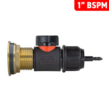 1" Brass Water Butt Set with In-Line Valve, 4mm Hose Barb & Drill Bit