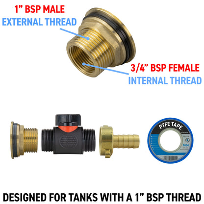 1" Water Butt Brass Set with In-Line Valve, 1/2" Hose Tail and Hole Saw