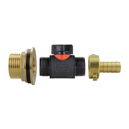 1" Brass Water Butt Set Including Inline Valve & 1/2" Brass Barb Connector