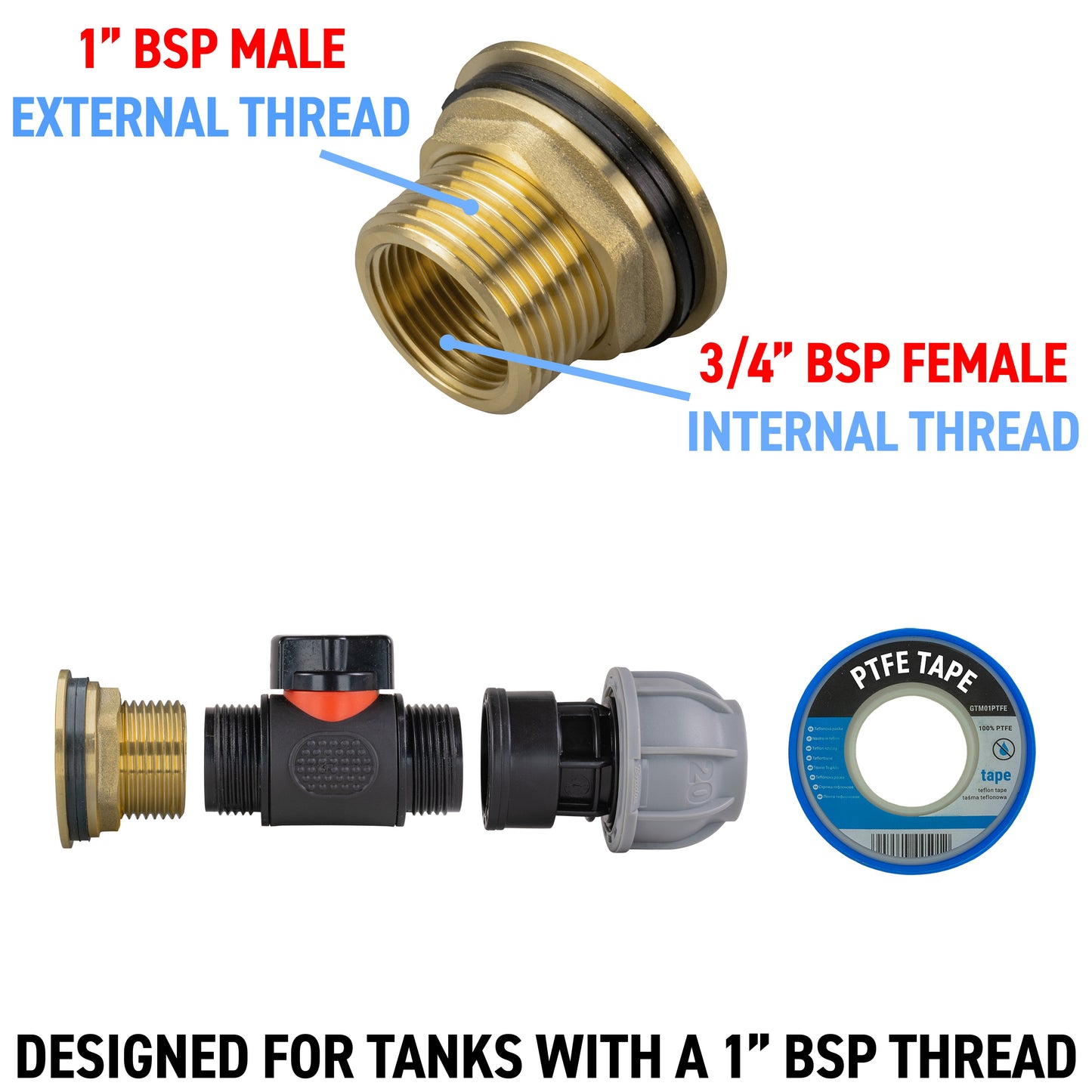1" Brass Water Butt Set with In-Line Valve, 20mm MDPE Connector and Hole Saw Cutter