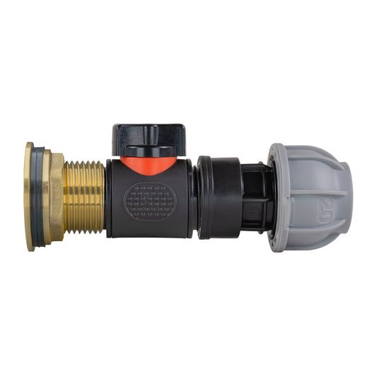 1" Brass Water Butt Set Including In-Line Valve & 20mm MDPE Connector