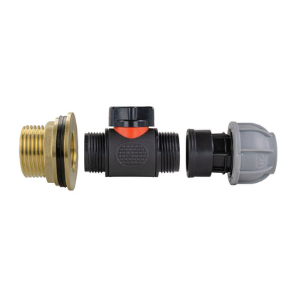 1" Brass Water Butt Set with In-Line Valve, 20mm MDPE Connector and Hole Saw Cutter