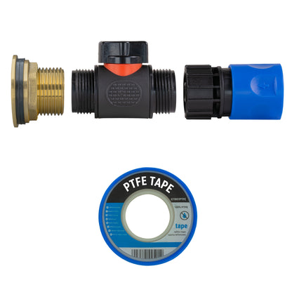 1" Brass Water Butt Fitting Set with In-Line Valve, Blue Female Quick Connector & Drill Bit