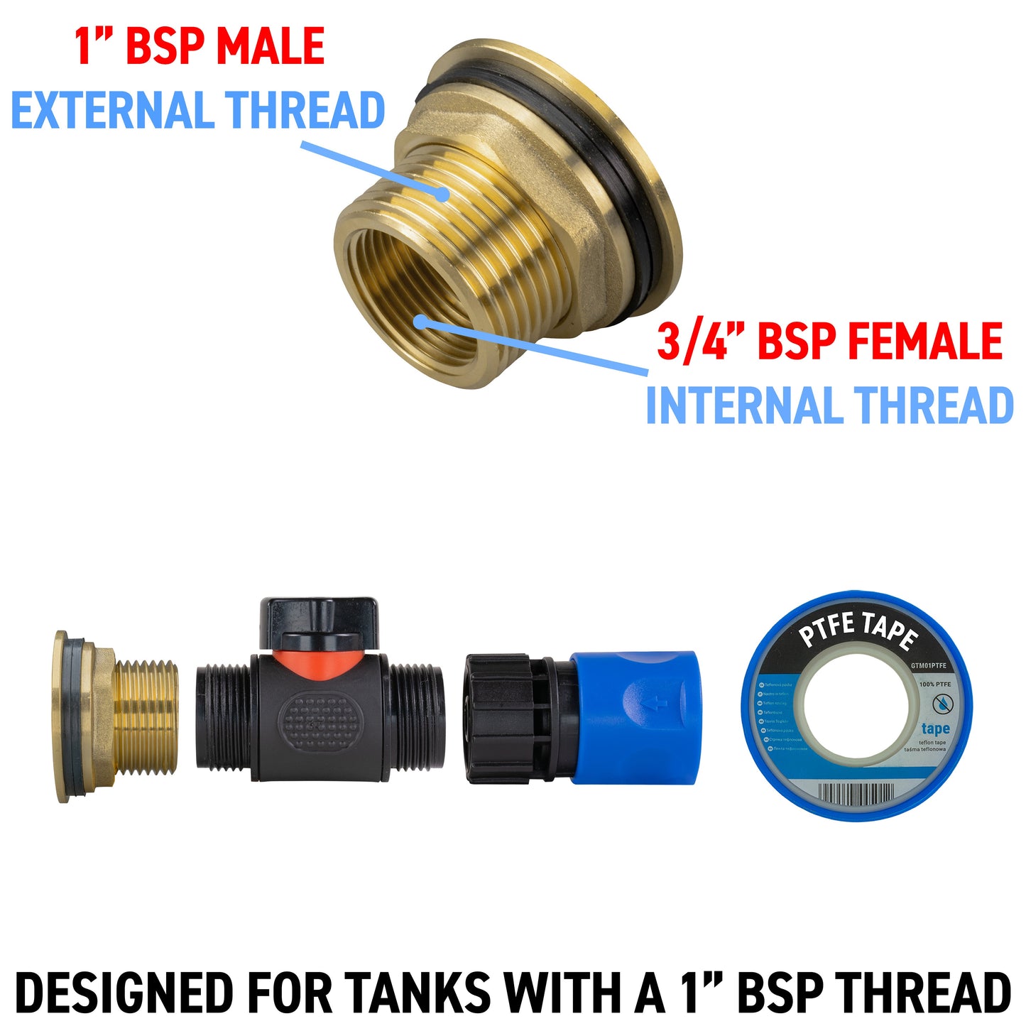 1" Brass Water Butt Fitting Set with In-Line Valve, Blue Female Quick Connector & Drill Bit