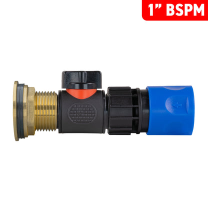1" Brass Water Butt Fitting Set with In-Line Valve, Blue Female Quick Connector & Drill Bit