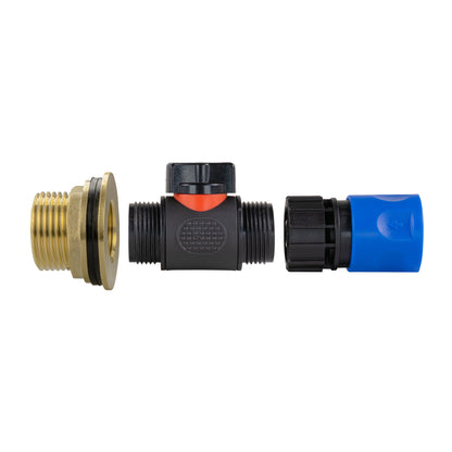 1" Brass Water Butt Fitting Set with In-Line Valve, Blue Female Quick Connector & Drill Bit