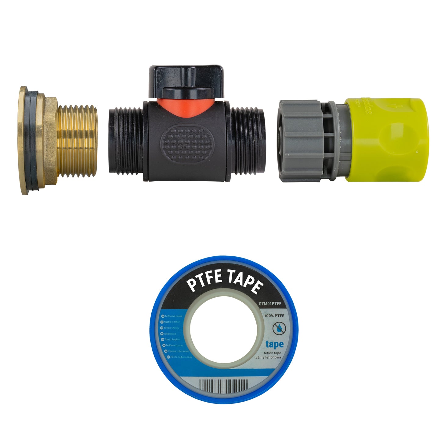 1" Brass Water Butt Fitting Set with In-Line Valve, Lime Female Quick Connector & Drill Bit