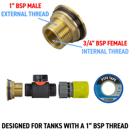 1" Brass Water Butt Fitting Set with In-Line Valve, Lime Female Quick Connector & Drill Bit