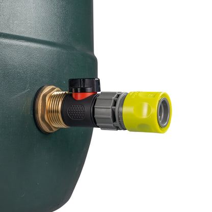 1" Brass Water Butt Fitting Set with In-Line Valve, Lime Female Quick Connector & Drill Bit