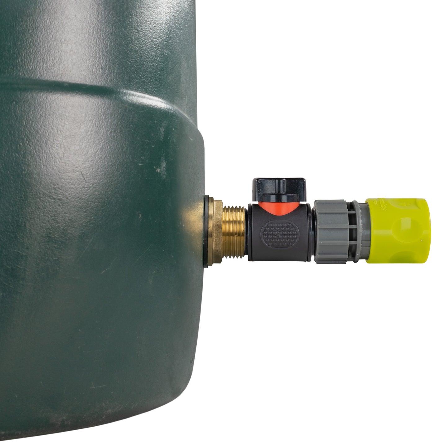 1" Brass Water Butt Fitting Set with In-Line Valve, Lime Female Quick Connector & Drill Bit