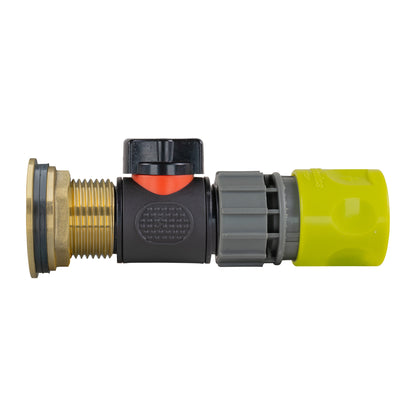 1" Brass Water Butt Fitting Set with In-Line Valve, Lime Female Quick Connector & Drill Bit