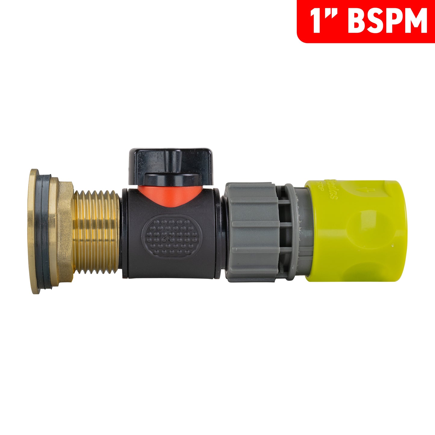 1" Brass Water Butt Fitting Set with In-Line Valve, Lime Female Quick Connector & Drill Bit