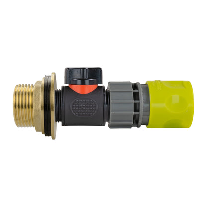 1" Brass Water Butt Fitting Set with In-Line Valve, Lime Female Quick Connector & Drill Bit