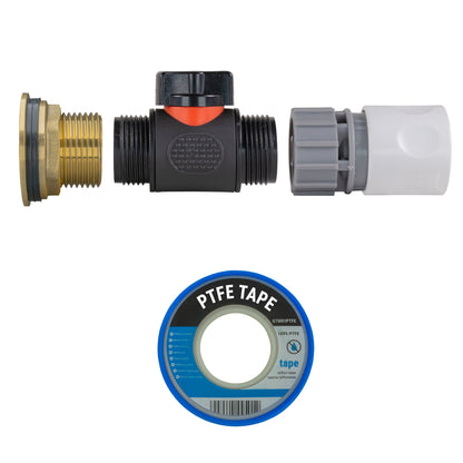1" Brass Water Butt Fitting Set with In-Line Valve, WL Female Quick Connector & Drill Bit