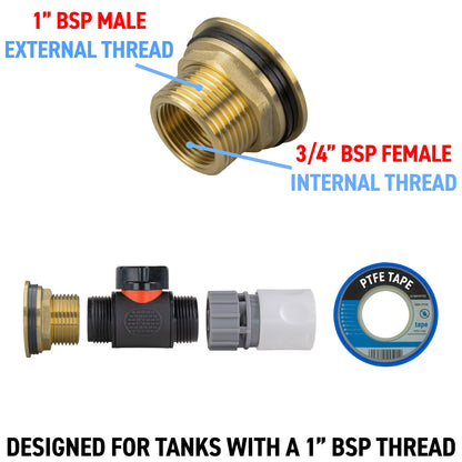 1" Brass Water Butt Fitting Set with In-Line Valve, WL Female Quick Connector & Drill Bit