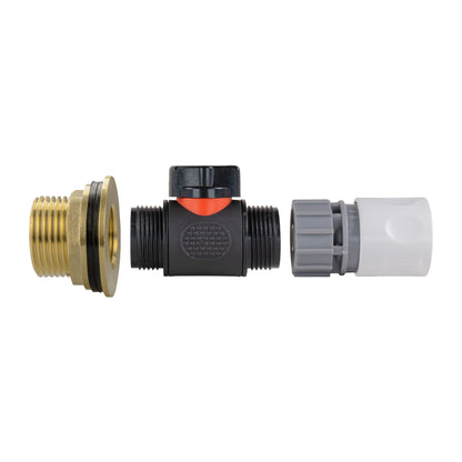 1" Brass Water Butt Fitting Set with In-Line Valve, WL Female Quick Connector & Drill Bit