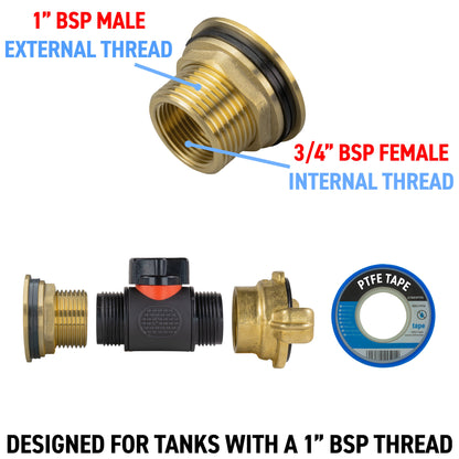 1" Brass Water Butt Set Including Inline Valve & Geka Connector