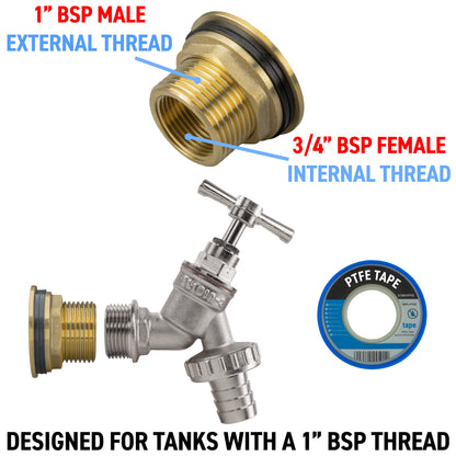 1" Brass Water Butt Set with Nickel-Plated Barbed Hose Tap & Hole Saw