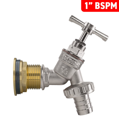 1" Brass Water Butt Set with Nickel-Plated Barbed Hose Tap & Hole Saw