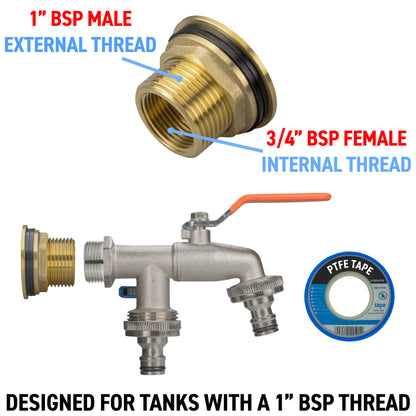 1” Brass Water Butt Set Including Dual Tap with Quick-Connect Fitting