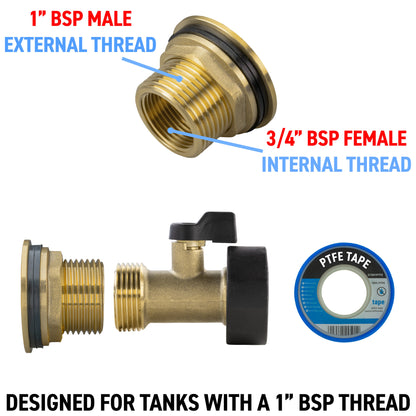 1" Brass Water Butt Outlet Kit with Valve & Drill Bit
