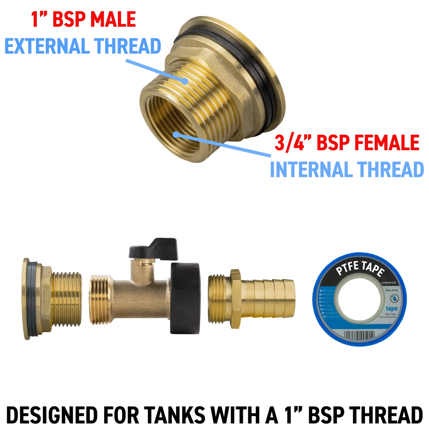 1" Brass Water Butt Set with Brass Tap, 19mm Hose Barb & Drill Bit
