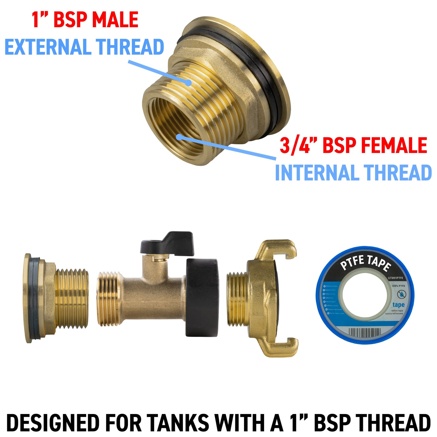 1" Brass Water Butt Set with Brass Tap, Geka Connector & Drill Bit