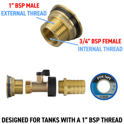 1" Brass Water Butt Set with 25mm Hose Barb, Brass Tap & Drill Bit