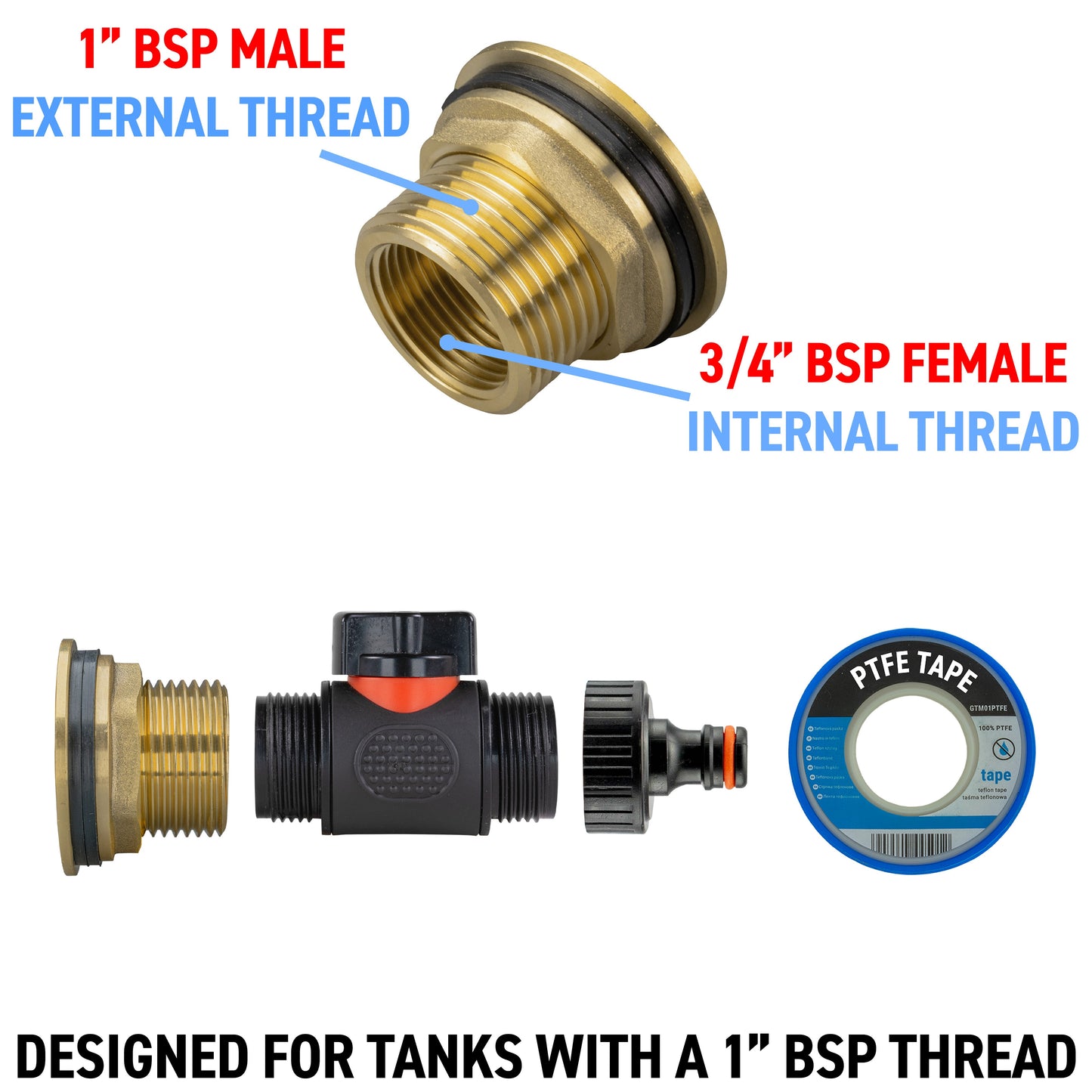 1" Brass Water Butt Set with In-Line Tap, Quick-Connect Fitting & Drill Bit
